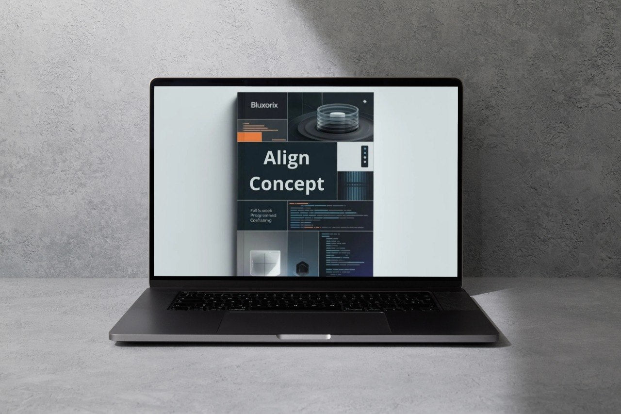 Laptop displaying a product packaging on a gray background