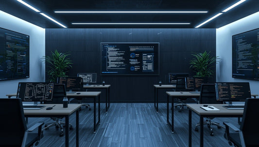 Modern office with multiple computer stations and large monitors displaying code or data.