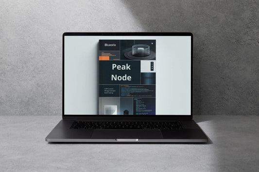 Laptop displaying a 'Peak Node' software interface on a gray background