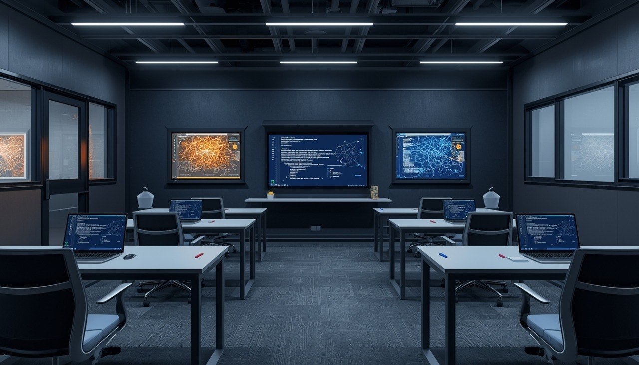 Control room with multiple monitors displaying data, desks, and chairs.