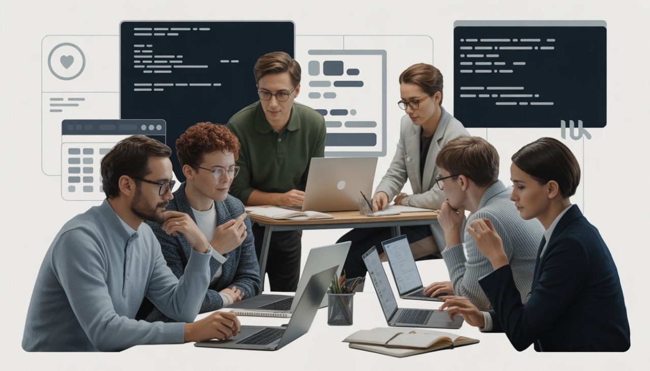 Group of people working on laptops with computer screens displaying code and interfaces.