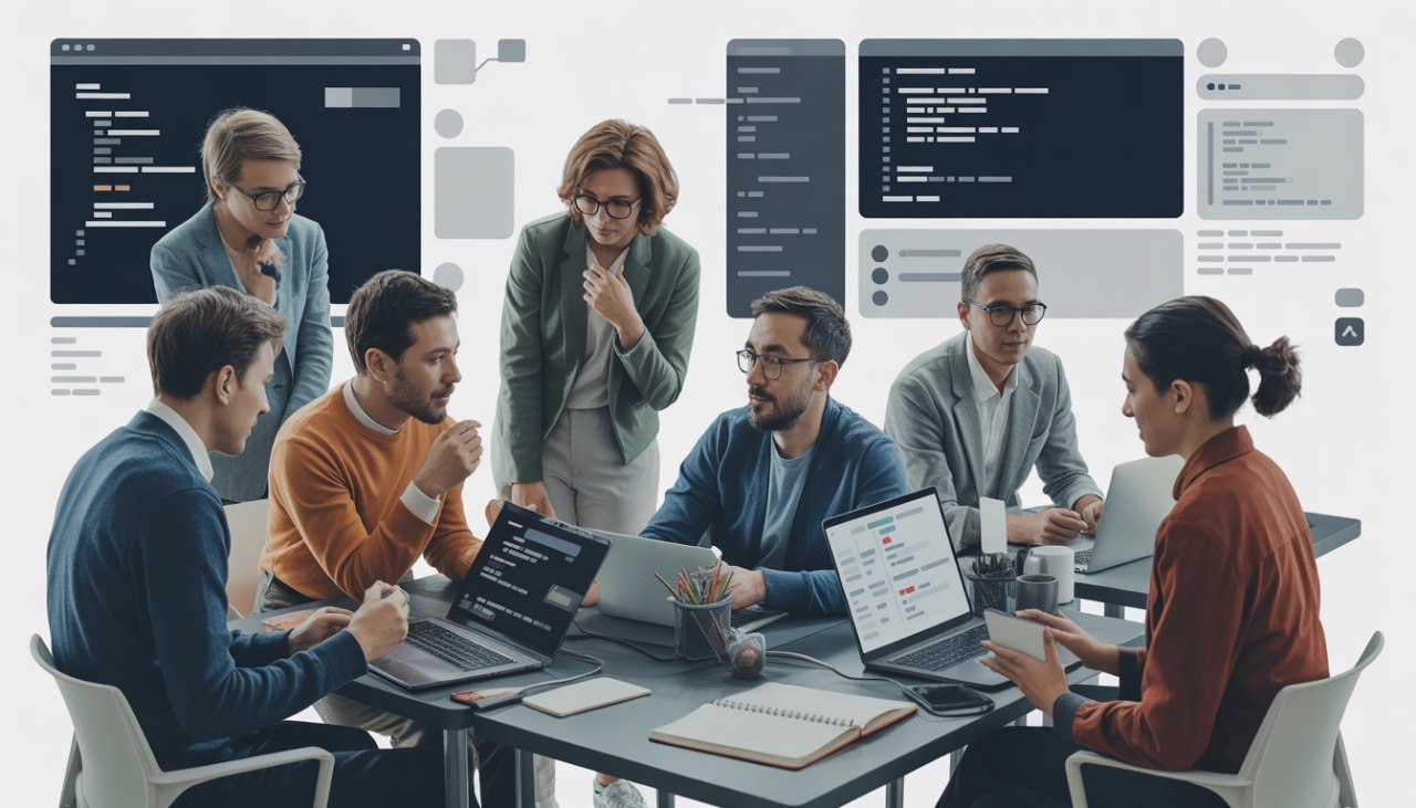 Group of people working together on laptops with a digital interface in the background
