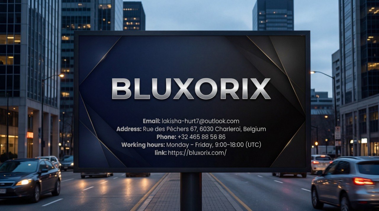 Billboard with BLUXORIX branding on a city street at night.