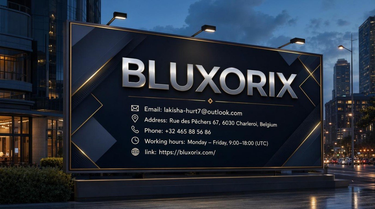 Large outdoor sign for Bluxorix with contact information against a cityscape background
