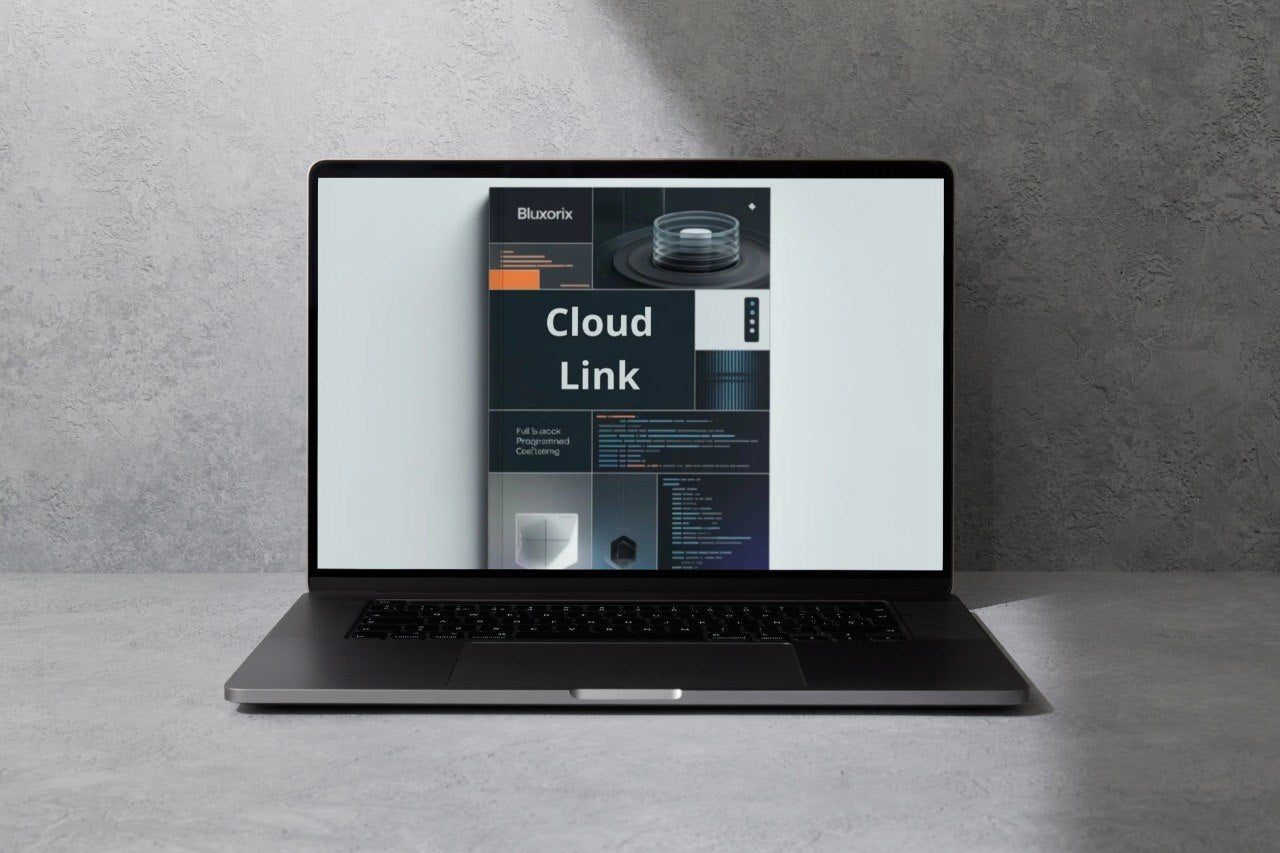 Laptop displaying a 'Cloud Link' software interface on a gray background