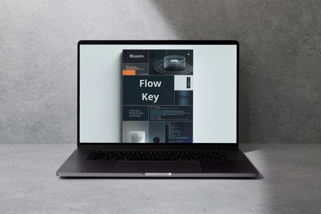Laptop displaying a software package named 'Flow Key' on a gray background
