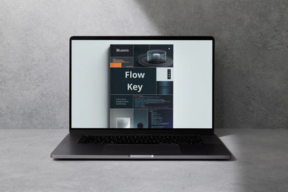 Laptop displaying a software package named 'Flow Key' on a gray background