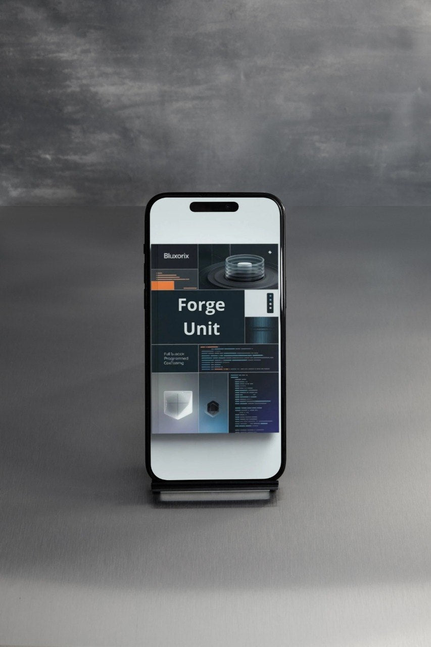 Phone displaying a product image of a 'Forge Unit' on a gray background