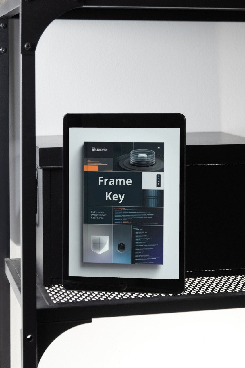 Digital tablet displaying a product page on a black metal shelf.