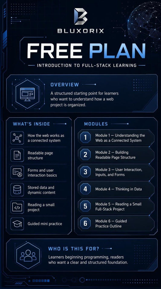 Bluxorix free plan introduction to full-stack learning on a dark background