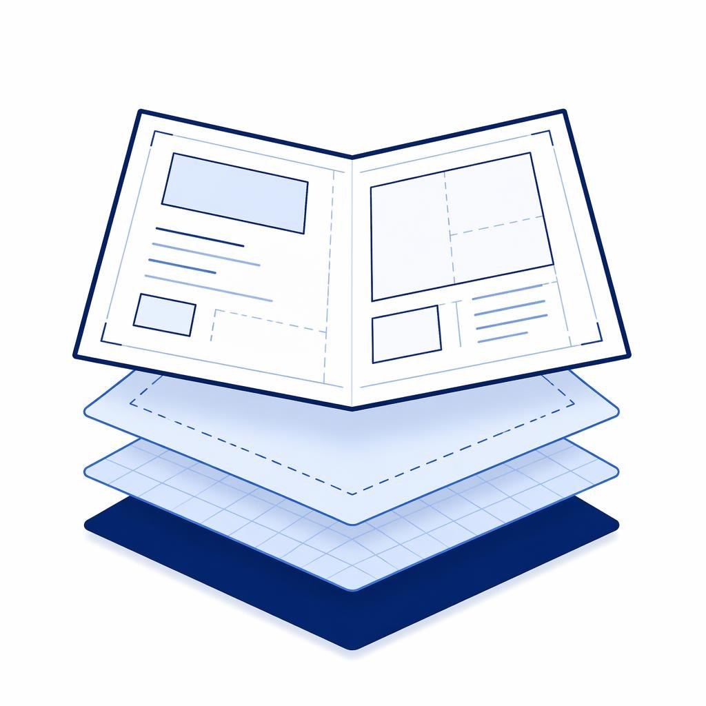 Illustration of a layered design with blue and white elements on a white background