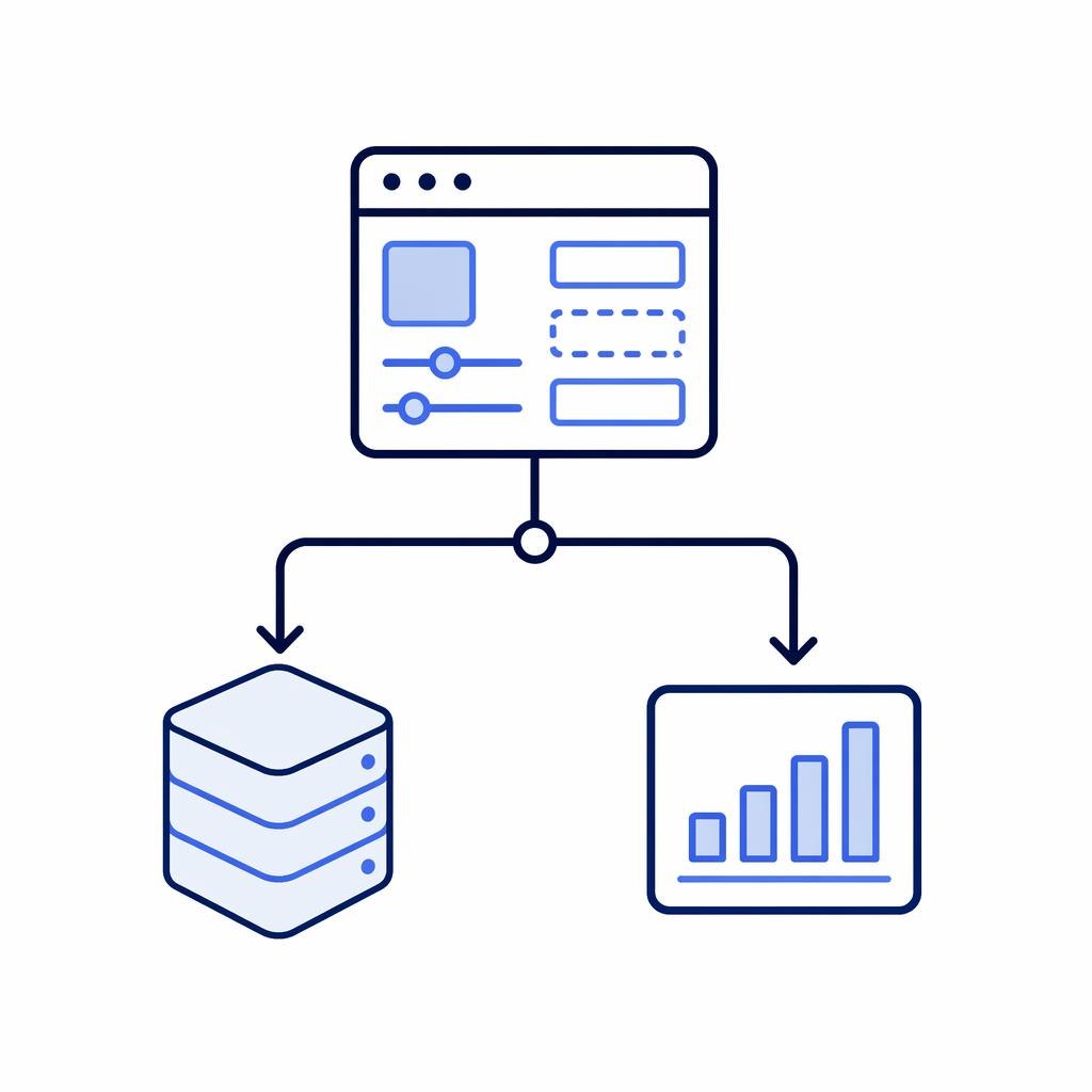 Diagram showing a website interface, database, and chart on a white background