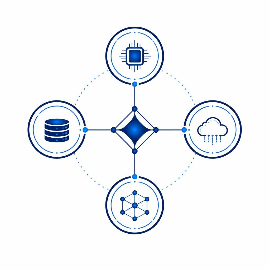 Diagram of interconnected icons including a cloud, database, and network nodes on a white background.