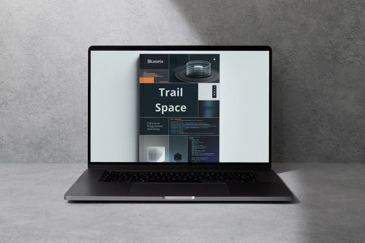 Laptop displaying a product packaging on a gray background